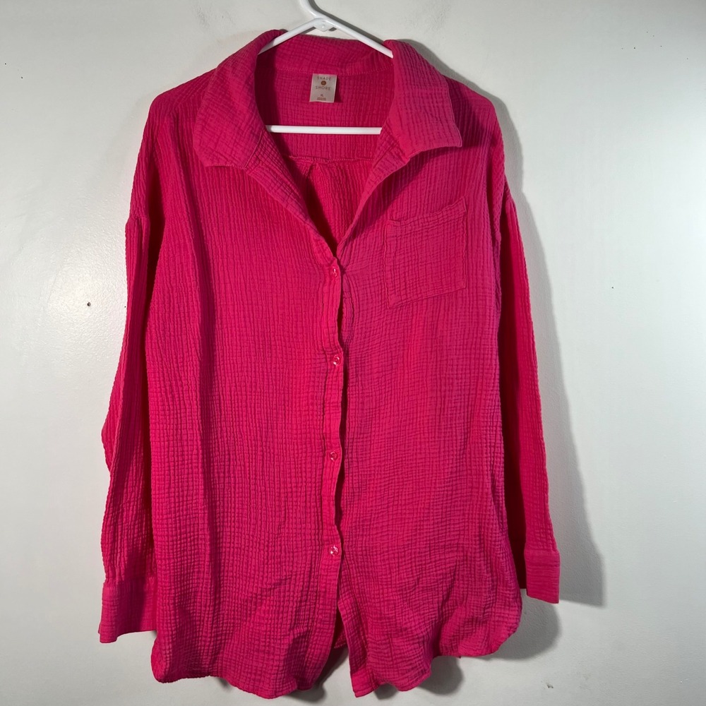 Womens Shade & Shore‎ Gauzey Cotton Button Shirt Long Sleeve Pink XL